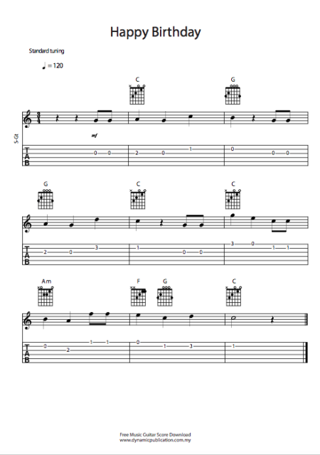 Free Music Guitar Score Download -  Happy Birthday